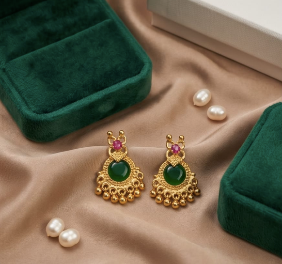 Gold earrings with green stones and pink gemstones on a beige fabric background.