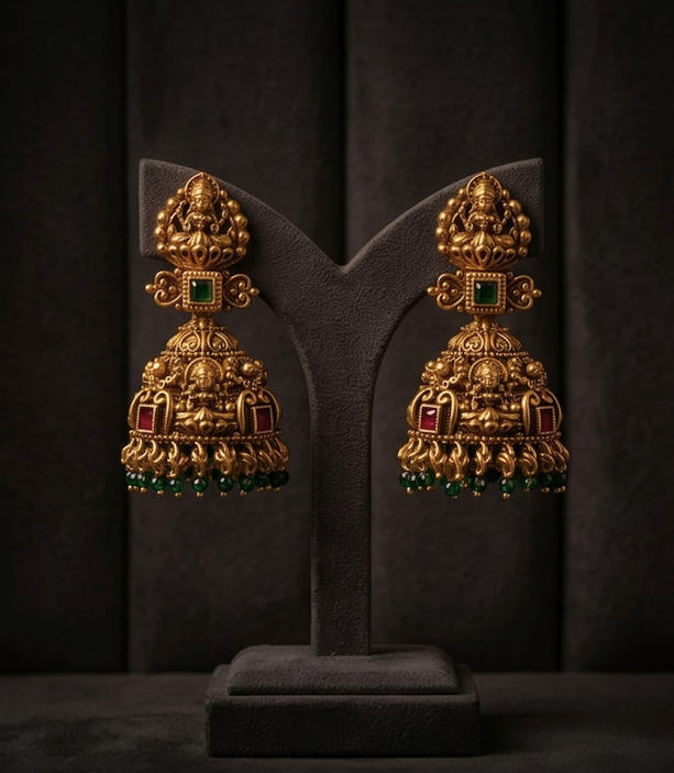 Gold earrings with green and red stones on a dark background