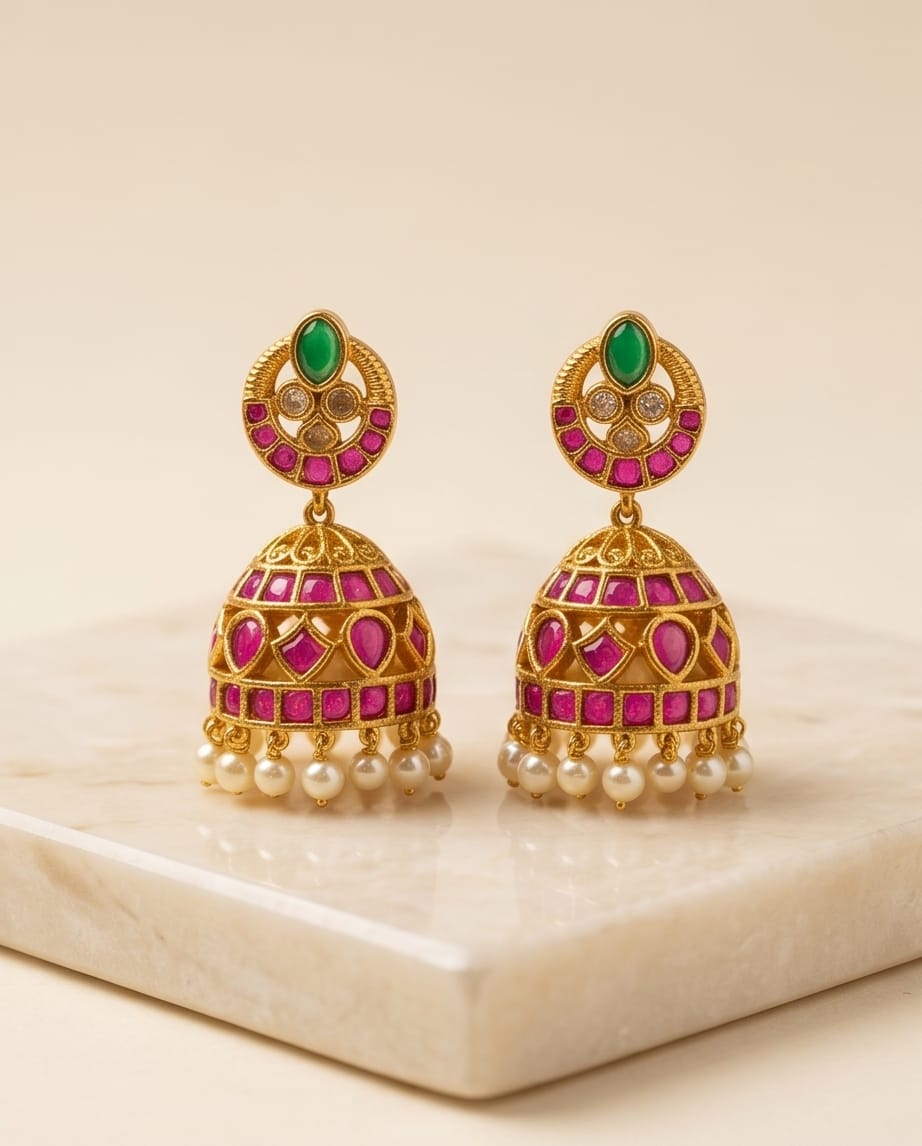 Pair of gold earrings with pink and green gemstones on a beige surface