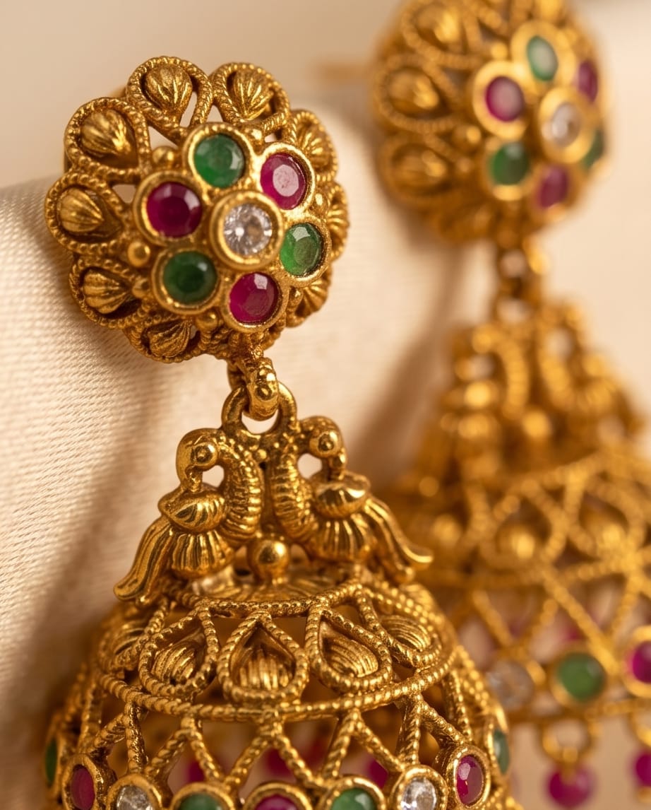 Gold earrings with gemstones on a beige background
