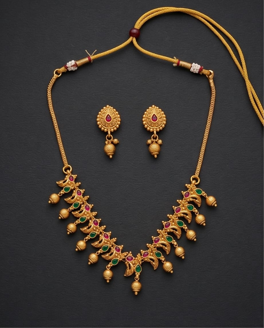 Gold necklace and earrings set on a dark background