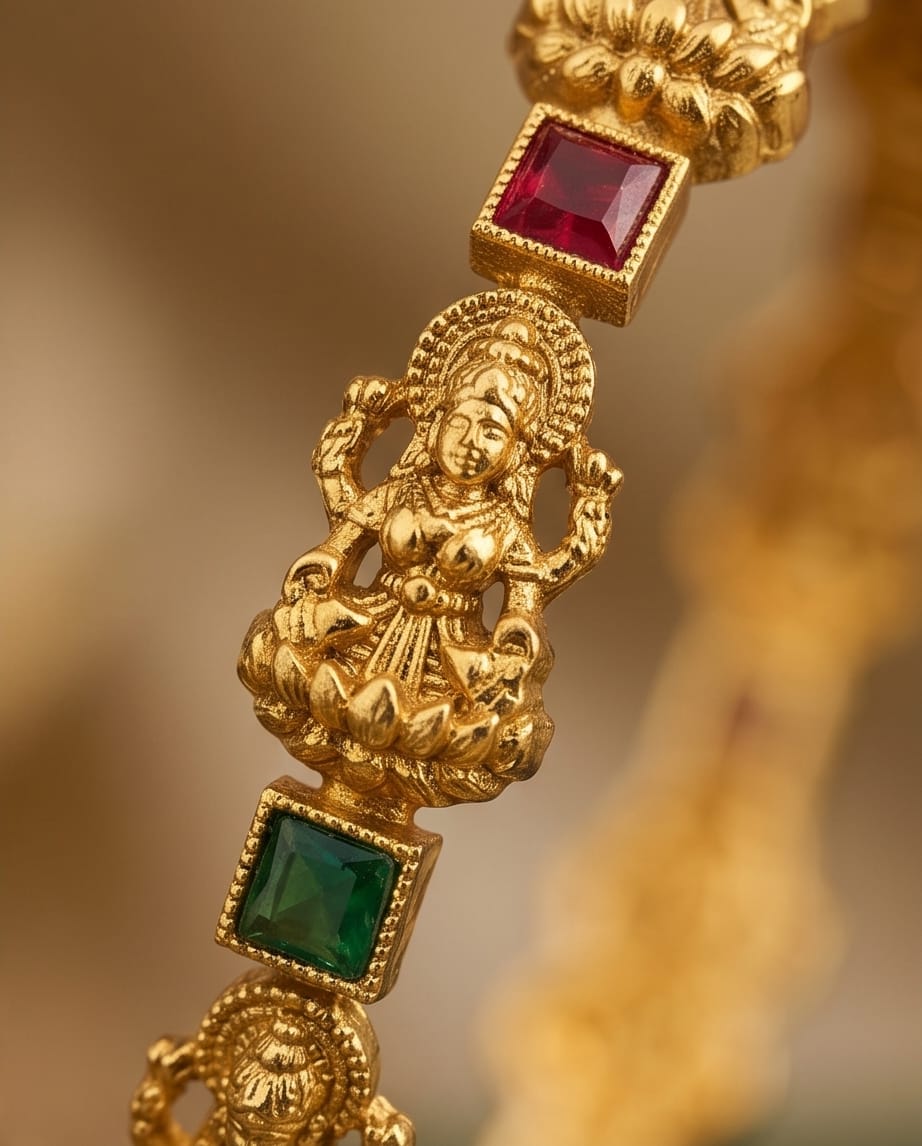 Gold necklace with a figure and embedded red and green gemstones on a blurred gold background