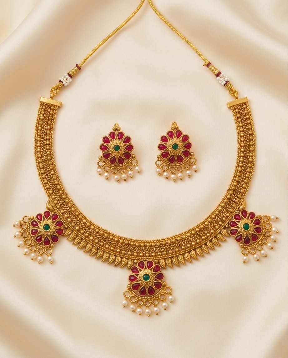 Gold necklace with matching earrings on a beige fabric background