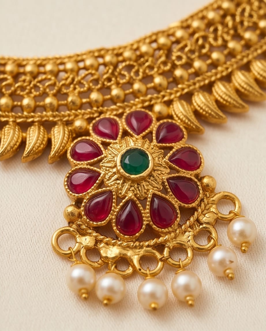 Gold necklace with red gemstones and pearl drops on a beige background