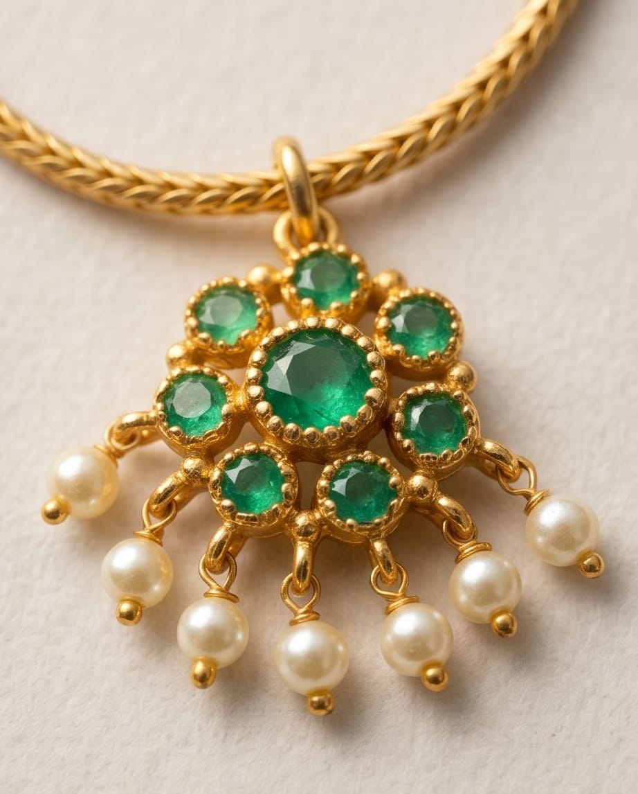 Gold necklace with emerald and pearl pendant on a light background