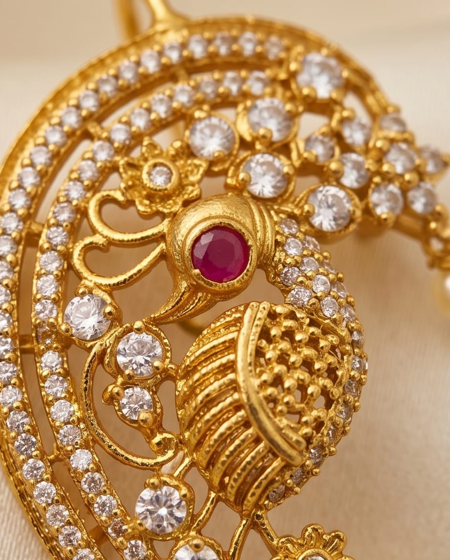 Gold jewelry with diamonds and a red gemstone on a beige background