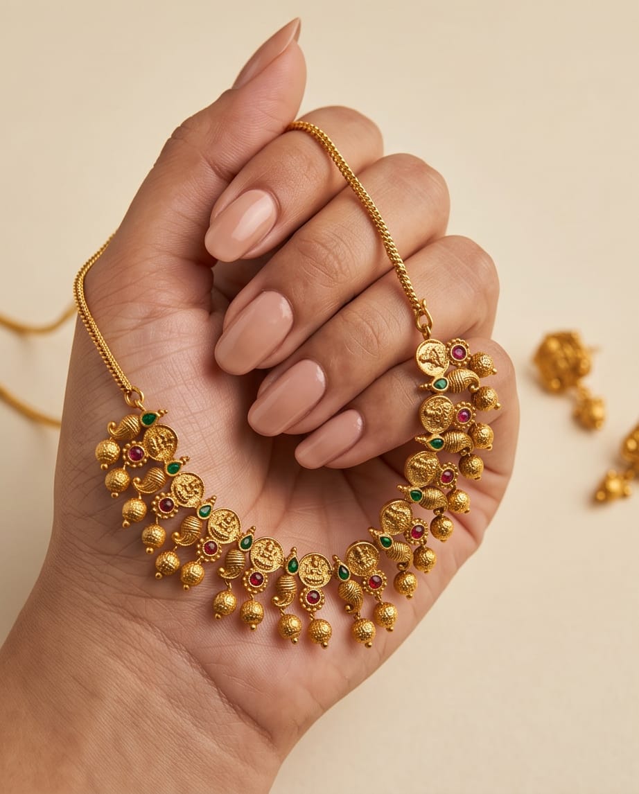 Gold necklace and earrings with gemstones held in a hand against a beige background