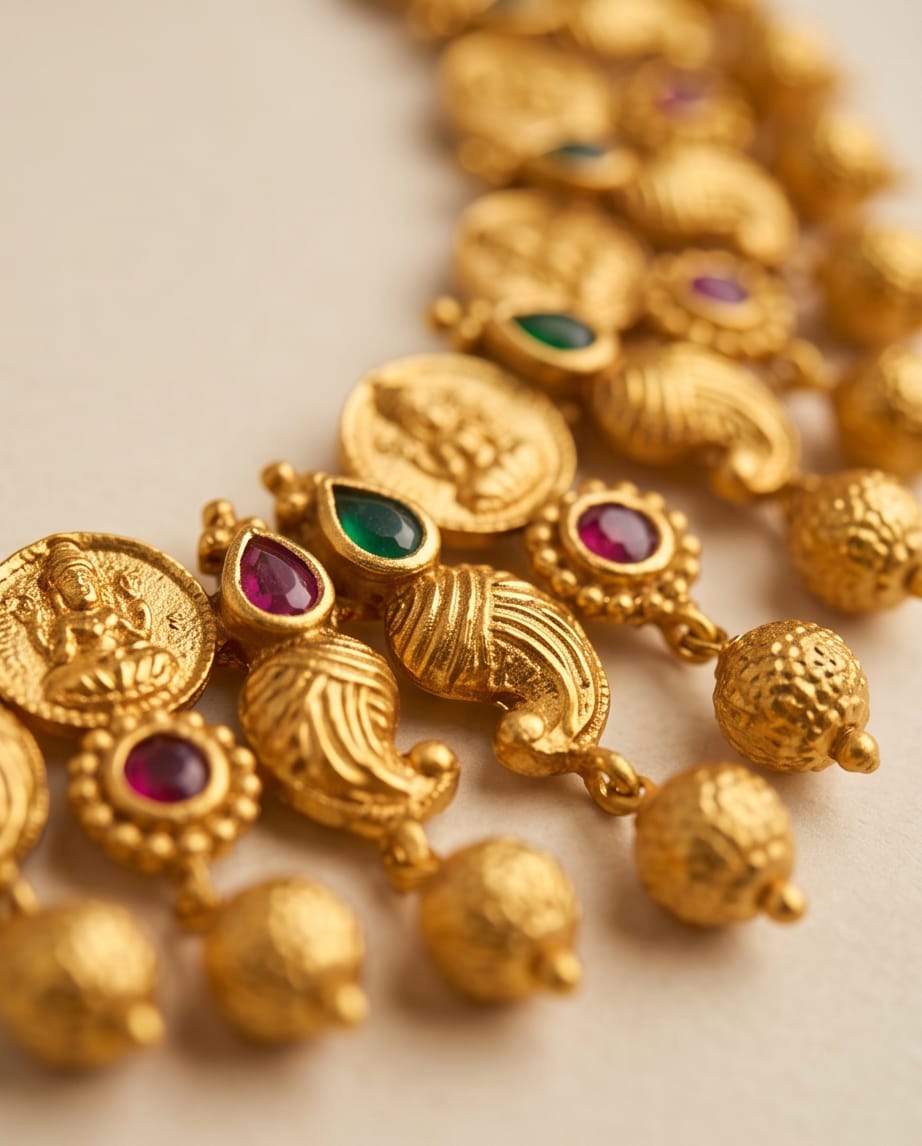 Gold necklace with gemstones on a beige background