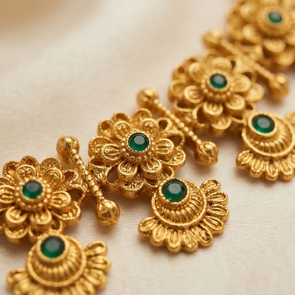 Gold floral earrings with green gemstones on a beige fabric background
